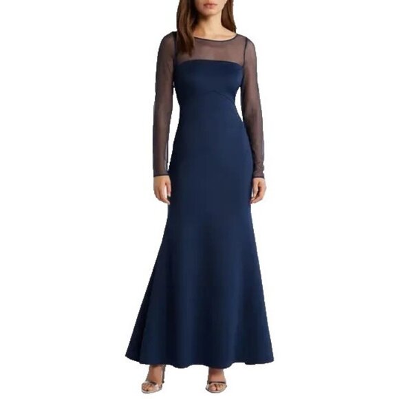 Eliza J Size 8 Navy Rosette Mesh Trim Long Sleeve Gown Trumpet Dress NEW - Picture 1 of 3